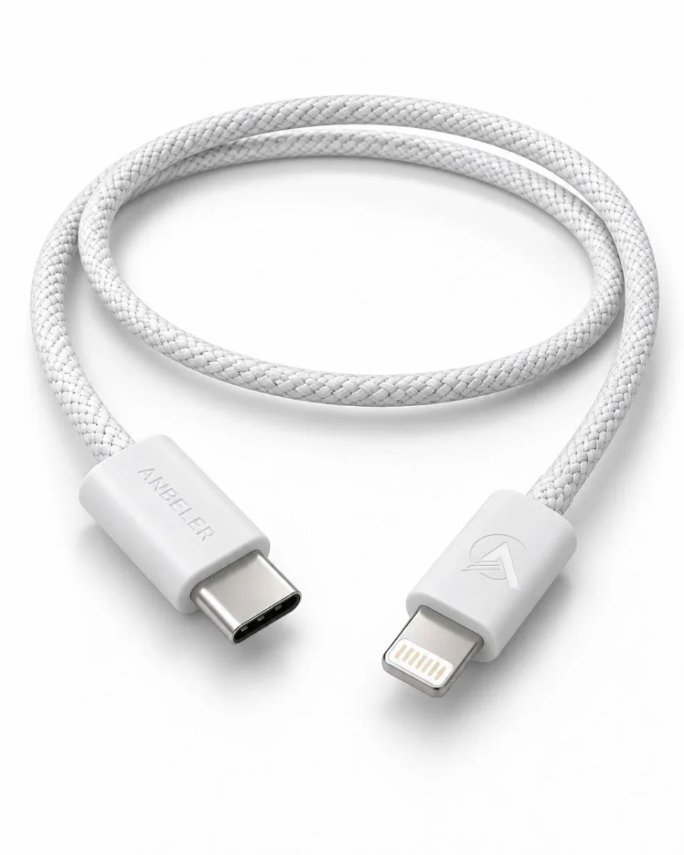 Dây ANBELER bện dù trắng với đầu USB-C và Lightning